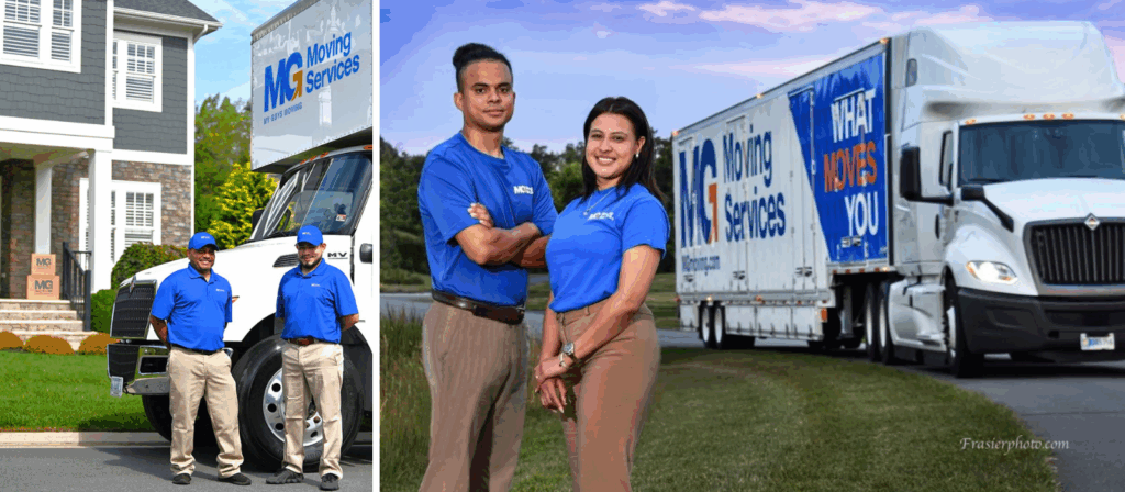Split image with both sides having two people smiling in front of a moving truck